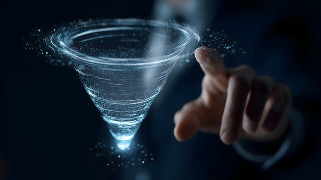 Holographic Marketing Funnel &mdash; Hand Interacting with Digital Conversion Flow on Dark Background