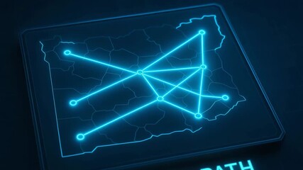 A futuristic digital map display showing an attack path with glowing lines, perfect for tech and cybersecurity concepts. - Powered by Adobe