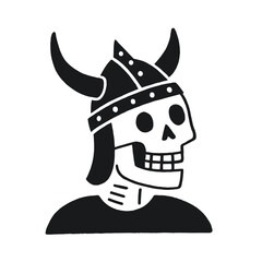 Creative vector illustration of a cheerful skull character wearing a Viking helmet in flat design style