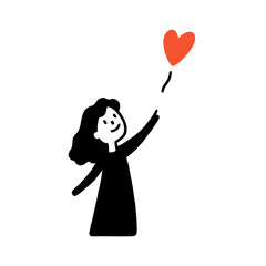 Cheerful girl holding a heart-shaped balloon in a playful vector illustration with flat colors and cute design