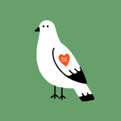 Cute flat vector illustration of a cheerful bird with a heart sticker on its wing in fun pastel colors