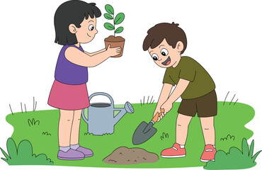 Children gardening together, teamwork in nature, planting activity outdoors, kids with plants, environmental education, garden tools, summer activity, green lifestyle
