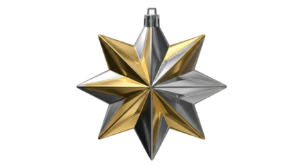 Gold and silver metallic star ornament with eight points on black background