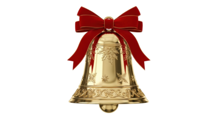 Golden christmas bell with red bow and decorative engravings