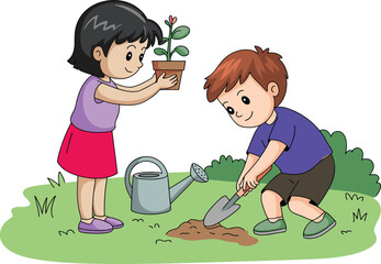 Children gardening together, teamwork in nature, planting flowers, outdoor activity, environmental education, kids with tools, cartoon illustration, spring garden scene