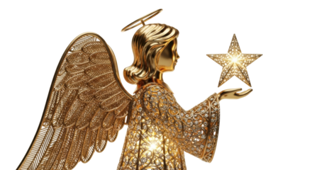Golden angelic figure holding star with intricate wings and halo