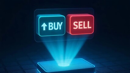 Modern holographic interface displaying buy and sell buttons, symbolizing digital trading and financial transactions. - Powered by Adobe