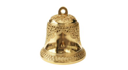 Ornate golden brass bell with intricate carvings on black background