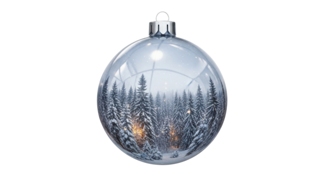 Snowy forest scene inside glass ornament with winter trees and lights
