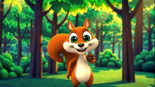 Cartoon squirrel holding an acorn standing in a forest with green trees and bushes around it