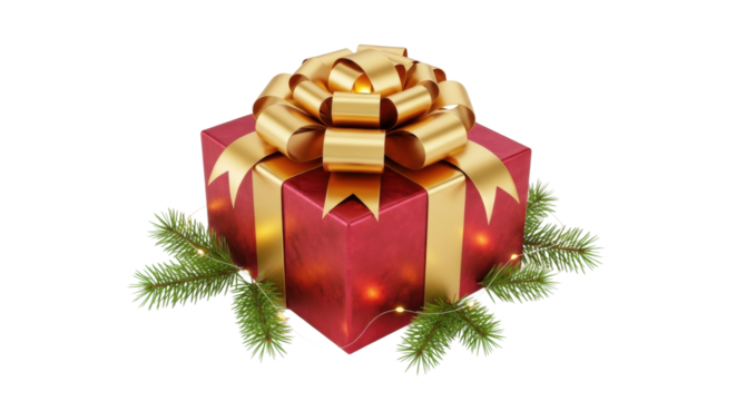 Red gift box with gold ribbon and pine branch accents on black background