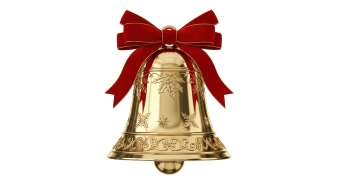 Golden christmas bell with red bow and decorative engravings