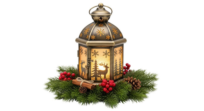 Festive lantern with reindeer silhouette on evergreen base with pinecones and berries