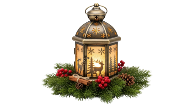 Festive lantern with reindeer silhouette on evergreen base with pinecones and berries