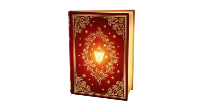 Glowing red book with ornate gold design and illuminated lantern emblem