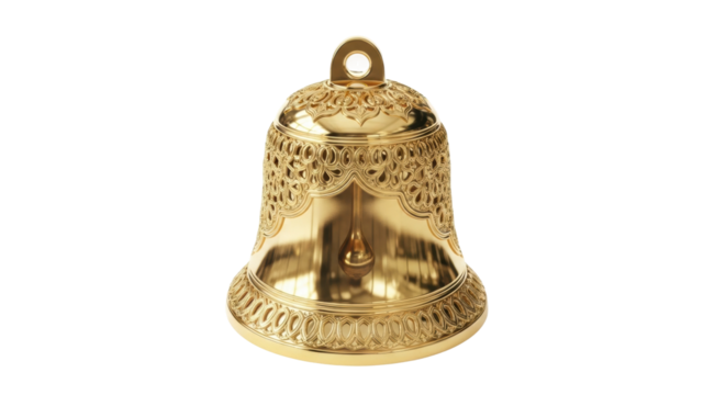 Ornate golden brass bell with intricate carvings on black background