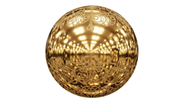Intricate gold sphere with ornate patterns and glowing reflections