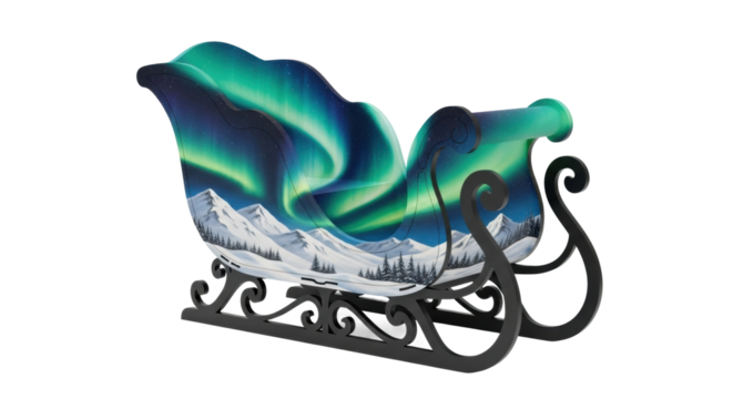 Aurora borealis sled with mountain and forest scenery