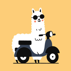 Obraz premium Happy llama riding a scooter in sunny weather with sunglasses, showcasing a playful and colorful atmosphere