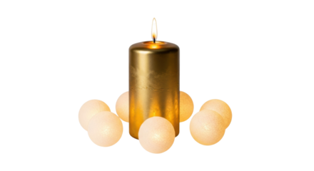Golden candle surrounded by glowing spheres on black background