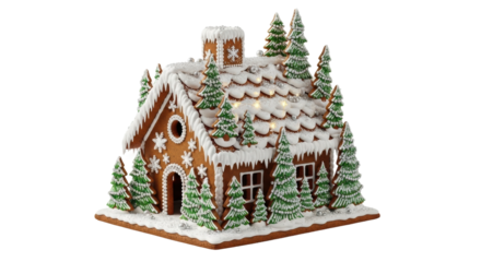 Festive gingerbread house with icing and christmas trees