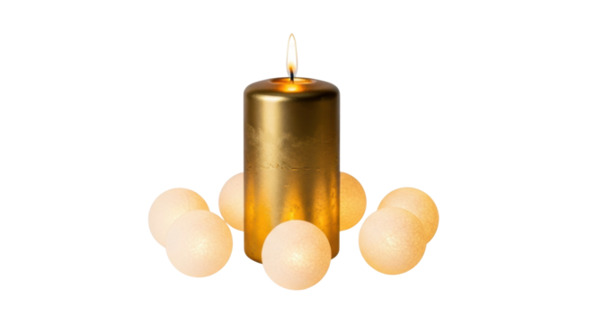 Golden candle surrounded by glowing spheres on black background