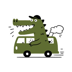 Naklejka premium Crocodile on a fun road trip in a colorful flat vector illustration