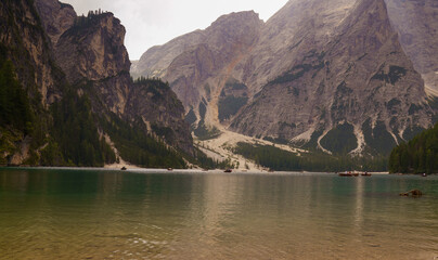Lago di Braies with Rocky Dolomite Peaks, Italy