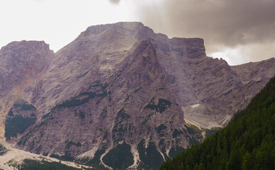 Lago di Braies with Rocky Dolomite Peaks, Italy