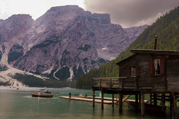 Wooden Boathouse on Lago di Braies, Dolomites, Italy