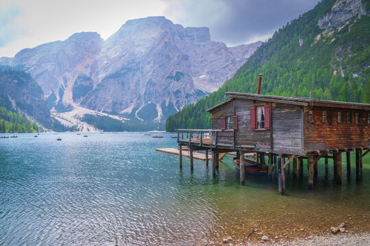 Wooden Boathouse on Lago di Braies, Dolomites, Italy