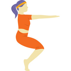 Athletic woman in orange sportswear performs chair pose exercise with arms extended forward on a transparent background demonstrating yoga and fitness.