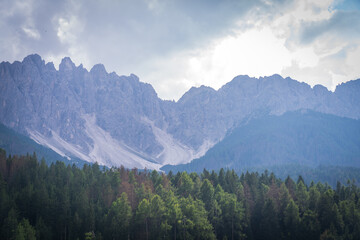 Dolomites Mountain Range with Forest and Fields, South Tyrol