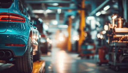 Blurry Image Of A Car At The Equipment Repair Station In The Garage Shop: Mechanics Perform Maintenance And Checks On Vehicles. Business In Auto Service.