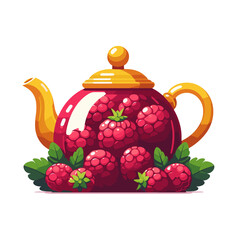Vibrant teapot filled with fresh raspberries, representing a delicious tea ceremony on a clean background