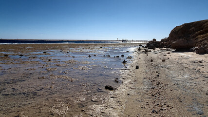 View of a wooden pier extending over the shallow reef flat at a hotel beach along the Red Sea, surrounded by clear blue water and bright sunlight.