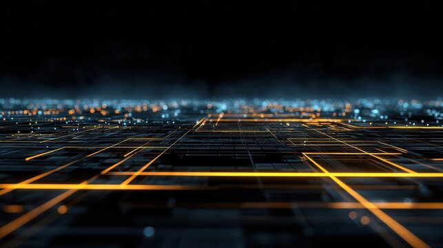 Futuristic Digital Circuitry Grid with Glowing Lines and Bokeh