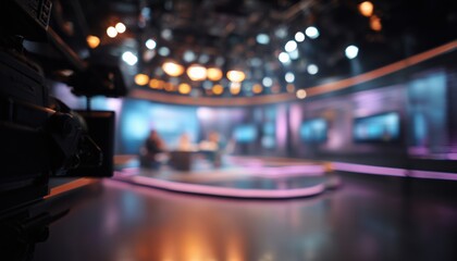 Broadcasting Live News From A Television Studio With Blurred Images. Exciting And Up-To-Date Coverage Of Current Events And Breaking News.