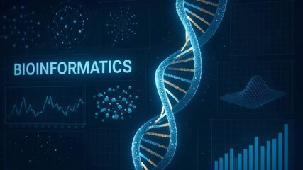An imaginative representation of bioinformatics featuring a glowing DNA strand and data analysis visuals, illustrating biological data studies. - Powered by Adobe