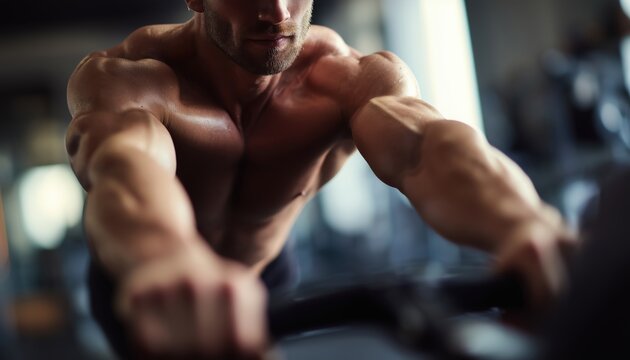 Man In Good Physical Shape Working Out On A Rowing Machine At The Gym To Enhance His Fitness Levels And Exercise Routine.