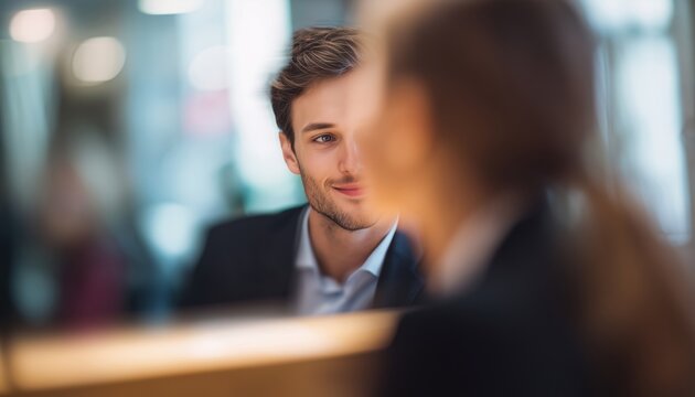 Attractive Young Businessman Engaging In Flirtatious Behavior With Female Receptionist At The Office. Situation Reflects Potential Inappropriate Workplace Behavior.