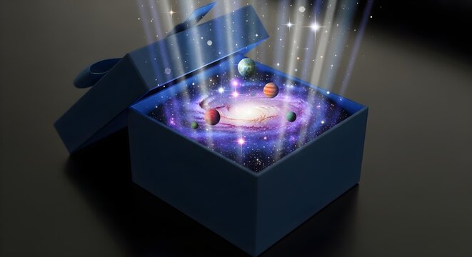 Mysterious dark blue gift box opens to reveal a vibrant, swirling galaxy with planets and stars radiating cosmic light into the dark room