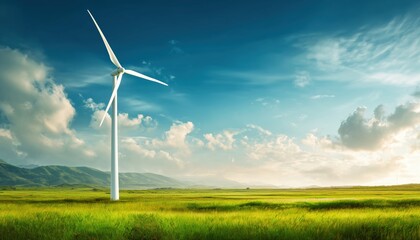 Fototapeta premium Eco-Friendly Wind Turbine Option In A Beautiful Green Landscape With Blue Sky: Sustainable Renewable Clean Energy Source.