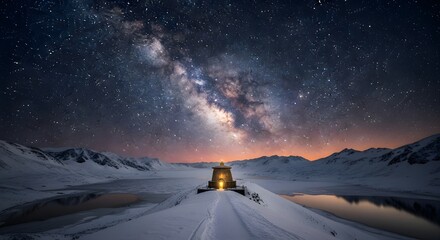 A lone stone structure stands illuminated against a breathtaking milky way galaxy stretching across a snow-covered mountain landscape at night.