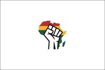 Fototapeta premium Raised fist over the map of Africa decorated with Pan-African red, yellow, and green stripes symbolizing unity and liberation.