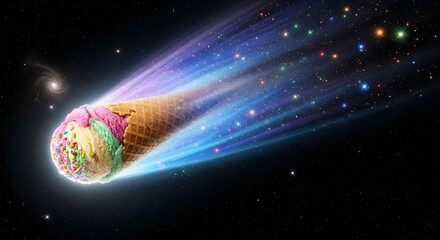 A whimsical ice cream cone, resembling a comet, streaks through the starry cosmos, leaving a vibrant, colorful trail of light and cosmic dust in its wake.