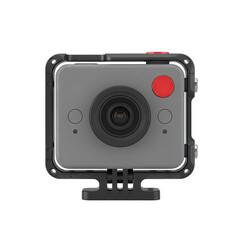Gray Action Camera with Black Protective Cage and Red Button for Recording Video Footage and Capturing Photos on a Transparent Background