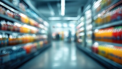 Blurred Shelves Of Beverages In A Supermarket Or Convenience Store With No Customers - Business And Shopping Concept.