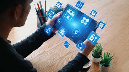 Online pharmacy icons showing medicine, healthcare, prescription and medical services with digital...