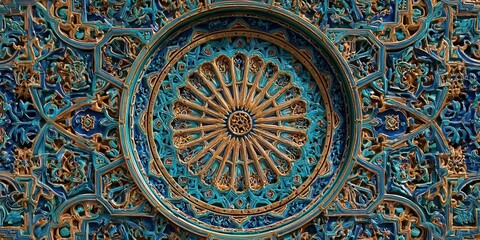 Ornate Islamic Geometric Pattern, Teal and Gold Texture